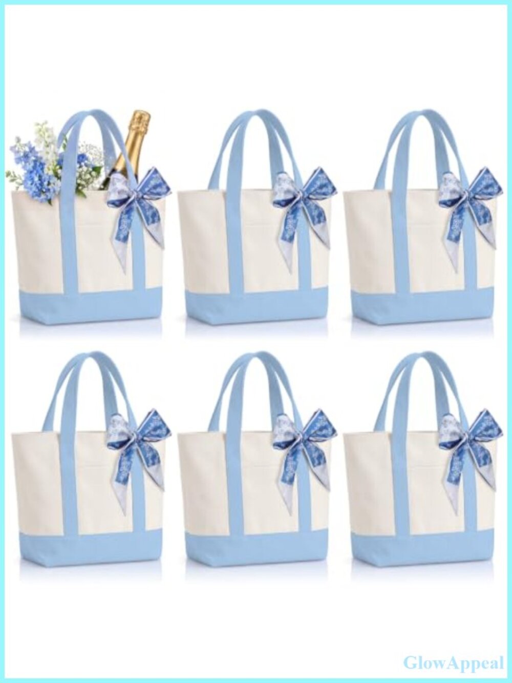 6pc Canvas Bridal Party Tote Bag Set with Ribbons Wedding Gift